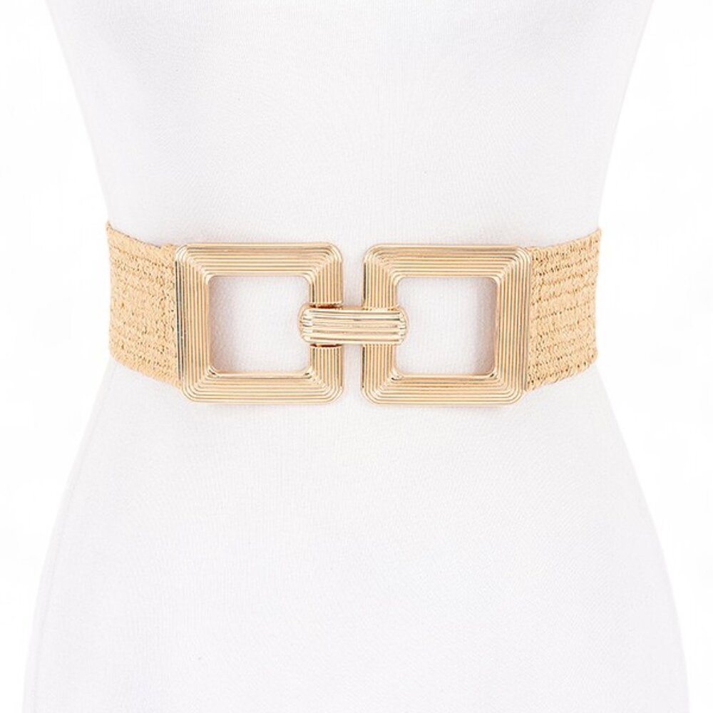 BNWT Faux Straw Square Buckle Elastic Belt Stretch Summer Belt